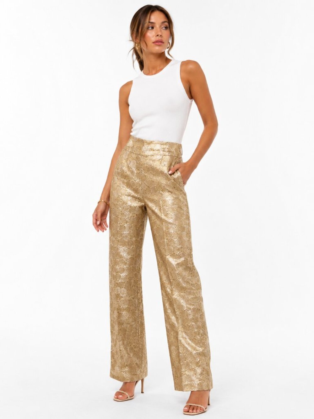 Y2K Gold Brocade Rose Jacquard‎ Pants Size 8 High Waist Straight Leg Vintage